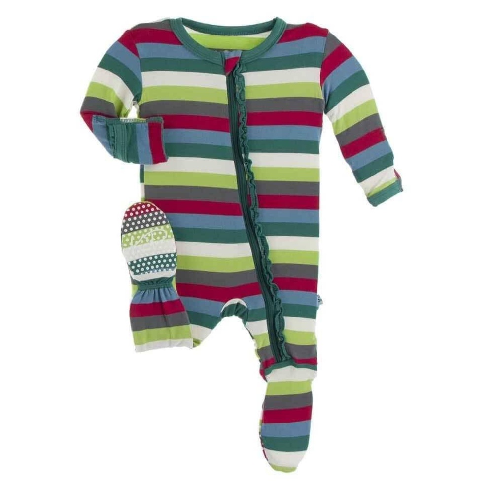 NWT KicKee Pants Stripe Print Christmas Bamboo Muffin Ruffle Footie with Snaps